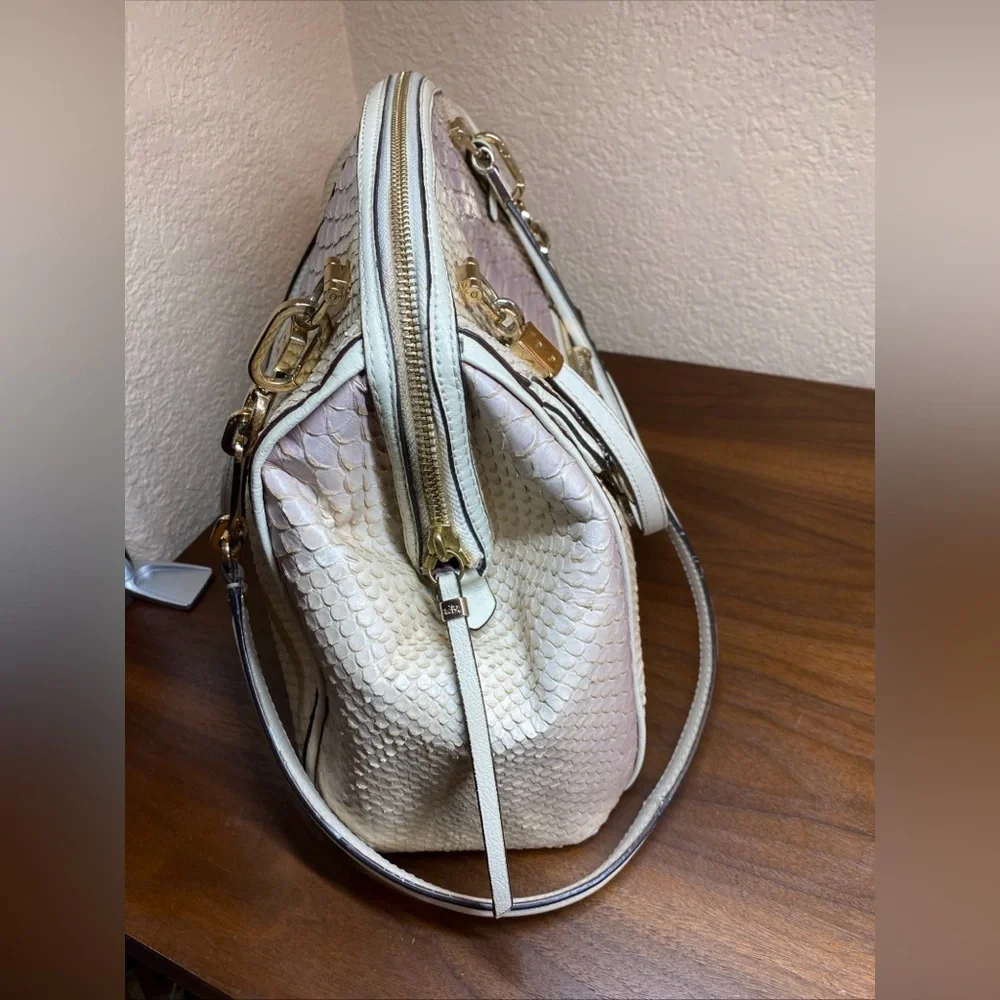 Coach Madison Textured Embossed Python Satchel Bag Ivory Purple Large Charms‎